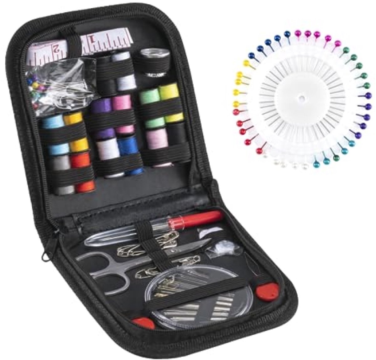 Naaiset 108-delig - Mini naaigereedschap met 14 spoelen, draad, schaar, meetlint - Complete handnaaikit voor beginners en op reis - Zwart