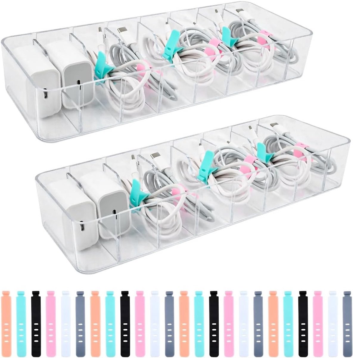 Kabelopbergdozen Set van 2 - Transparante Kabelorganizer met Verstelbare Vakken en Kabelbinders