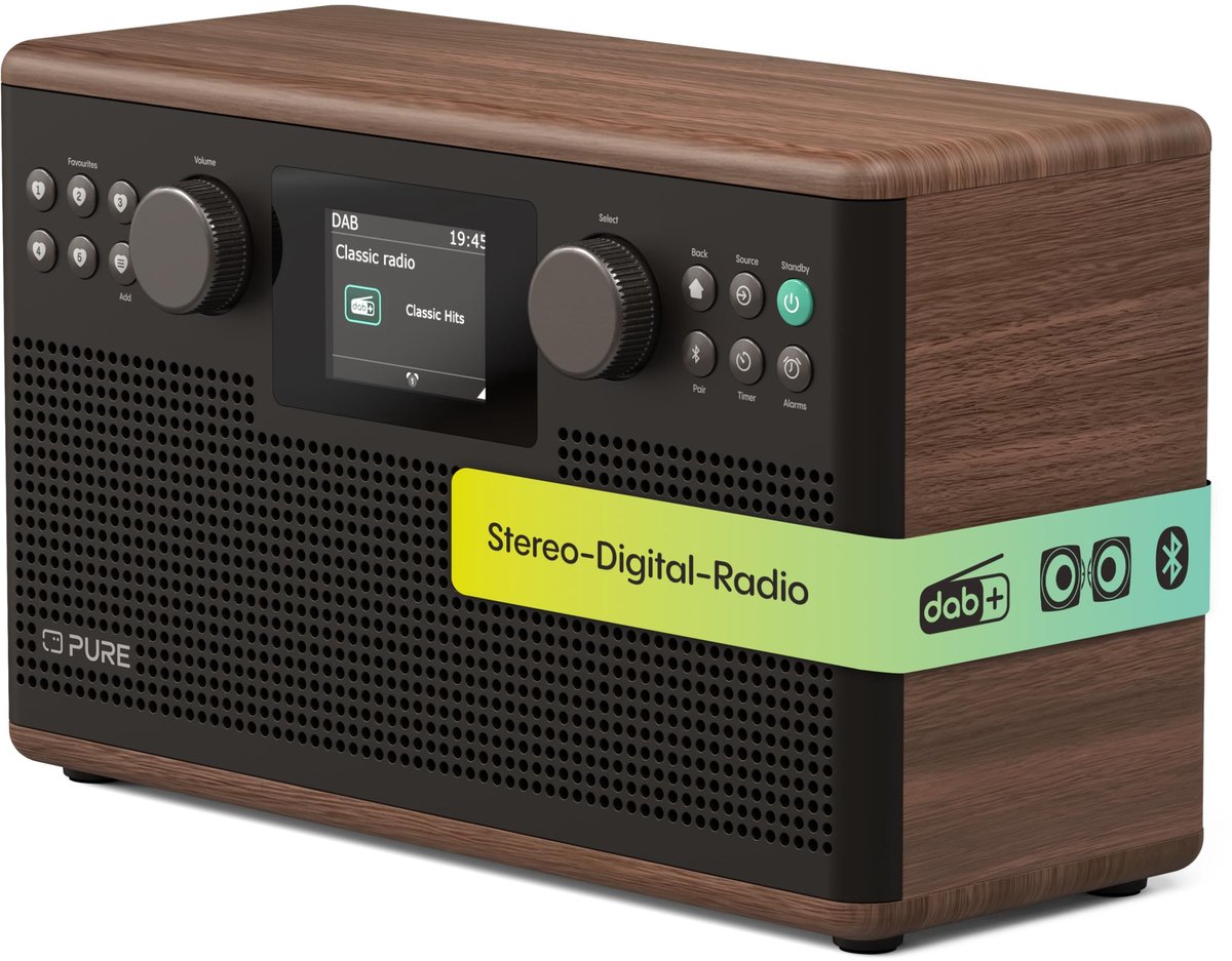 SnelShoppen - Pure Classic H6 HiFi Stereo-installatie DAB+ FM-radio Bluetooth 5.3 USB-A AUX 2x15W 2,4 inch Kleuren-TFT Afstandsbediening - Dual-Wekker