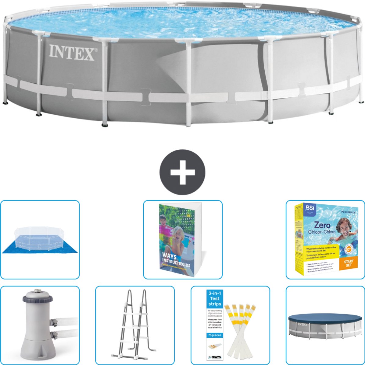 Intex Rond Prism Frame Zwembad - 427 x 107 cm - Grijs - Inclusief Pomp - Ladder - Grondzeil - Afdekzeil - Onderhoudspakket - 8-delig