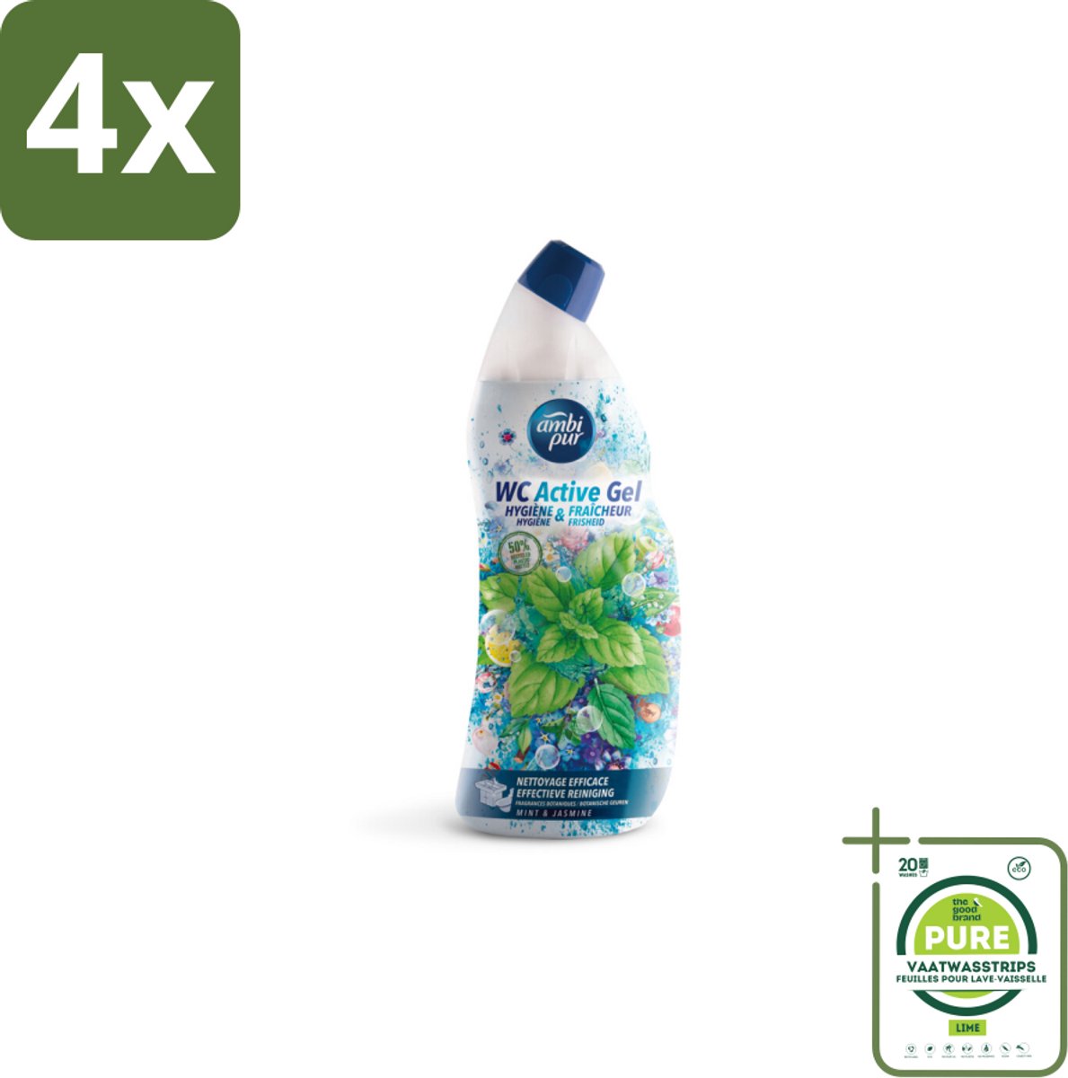 Ambi Pur - Toiletreiniger - WC Active Gel - Mint & Jasmijn - 750 ml - Voordeelverpakking - 4 stuks - Toilet schoonmaak - Toilet reiniger