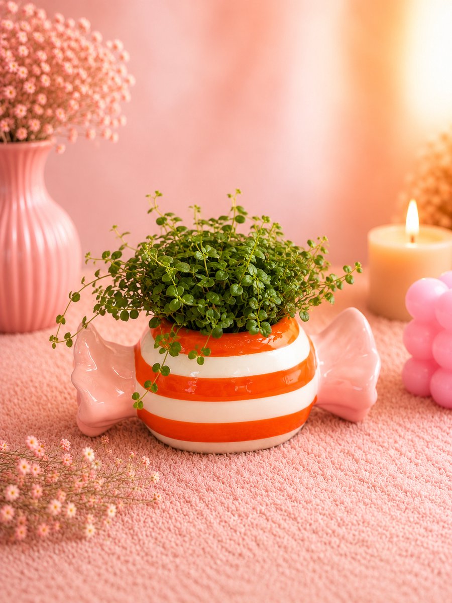 Sweet Candy Bloempot | Viva Femme | Decoratie | Cadeau | Wonen | Bloemen | Planten | Droogbloemen | Liefde | Oranje / Wit / Roze | Snoepje | Moederdag