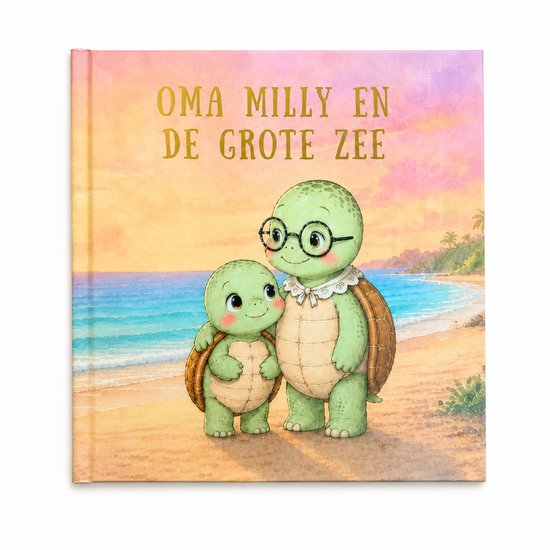 Prentenboek met 'Oma Milly en de Grote Zee' en twee schildpadfiguren op een strand.