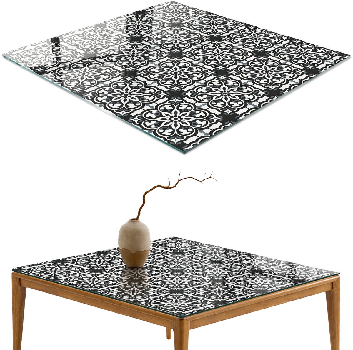 ArtPrintCave Tegelpatroon Glazen Tafelblad - 50x50 cm - Tafelblad Vierkanten - Zwart Eettafel Met Glasplaat - Achtergronden en patronen Keukentafel