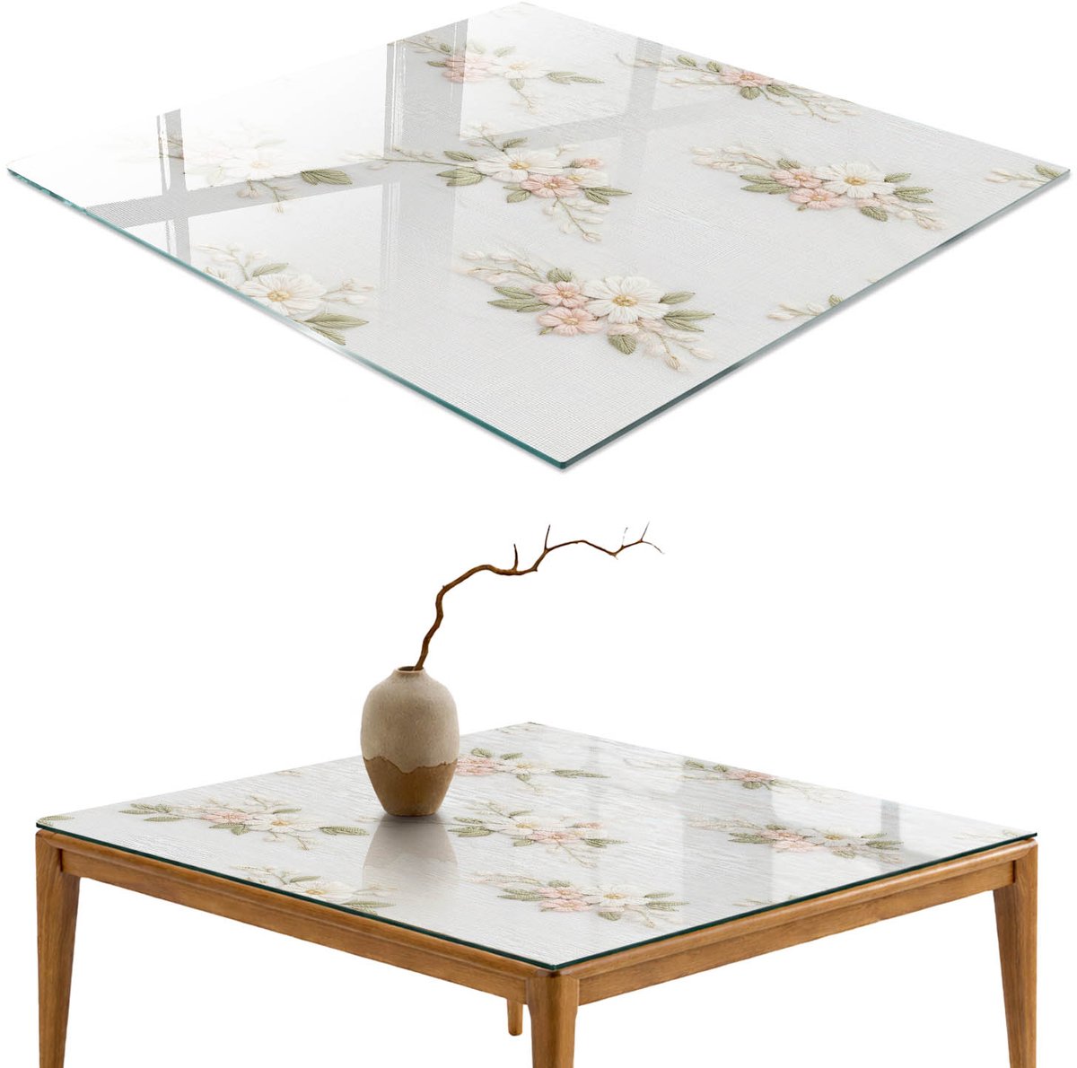 ArtPrintCave Pastelkleurige bloemen Glazen Tafelblad - 50x50 cm - Tafelblad Vierkanten - Wit Keukentafel - Bloemen en planten Keukentafel