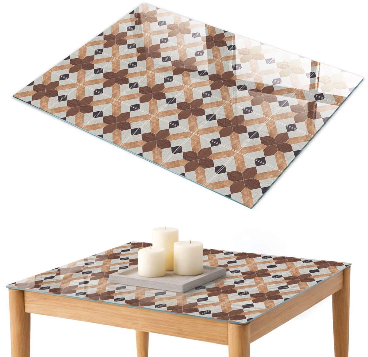 ArtPrintCave Geometrisch patroon Glazen Tafelblad 100x70 cm - Tafelblad Rechthoek - Bruin Eettafel Met Glasplaat - Achtergronden en patronen Keukentafel