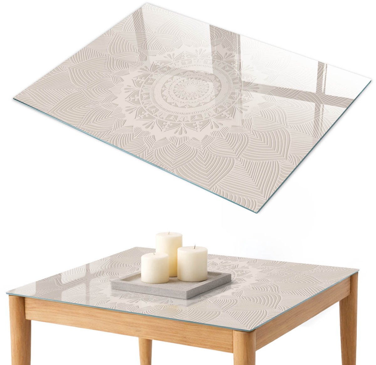 ArtPrintCave Beige mandala Glazen Tafelblad 100x70 cm - Tafelblad Rechthoek - Beige Keukentafel - Abstractie Glasplaat
