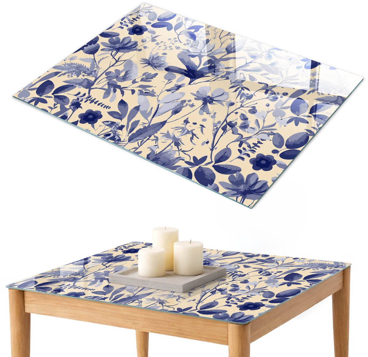 ArtPrintCave Blauwe bloemen Glazen Tafelblad 100x70 cm - Tafelblad Rechthoek - Romig Keukentafel - Bloemen en planten Keukentafel