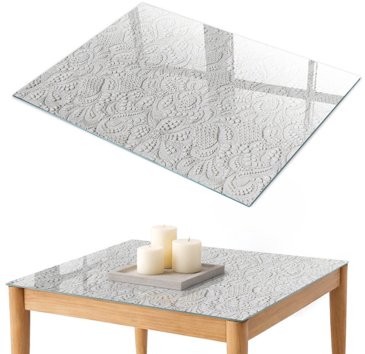 ArtPrintCave Kantpatronen Glazen Tafelblad 100x70 cm - Tafelblad Rechthoek - Wit Eettafel Met Glasplaat - Texturen Eettafel Met Glasplaat