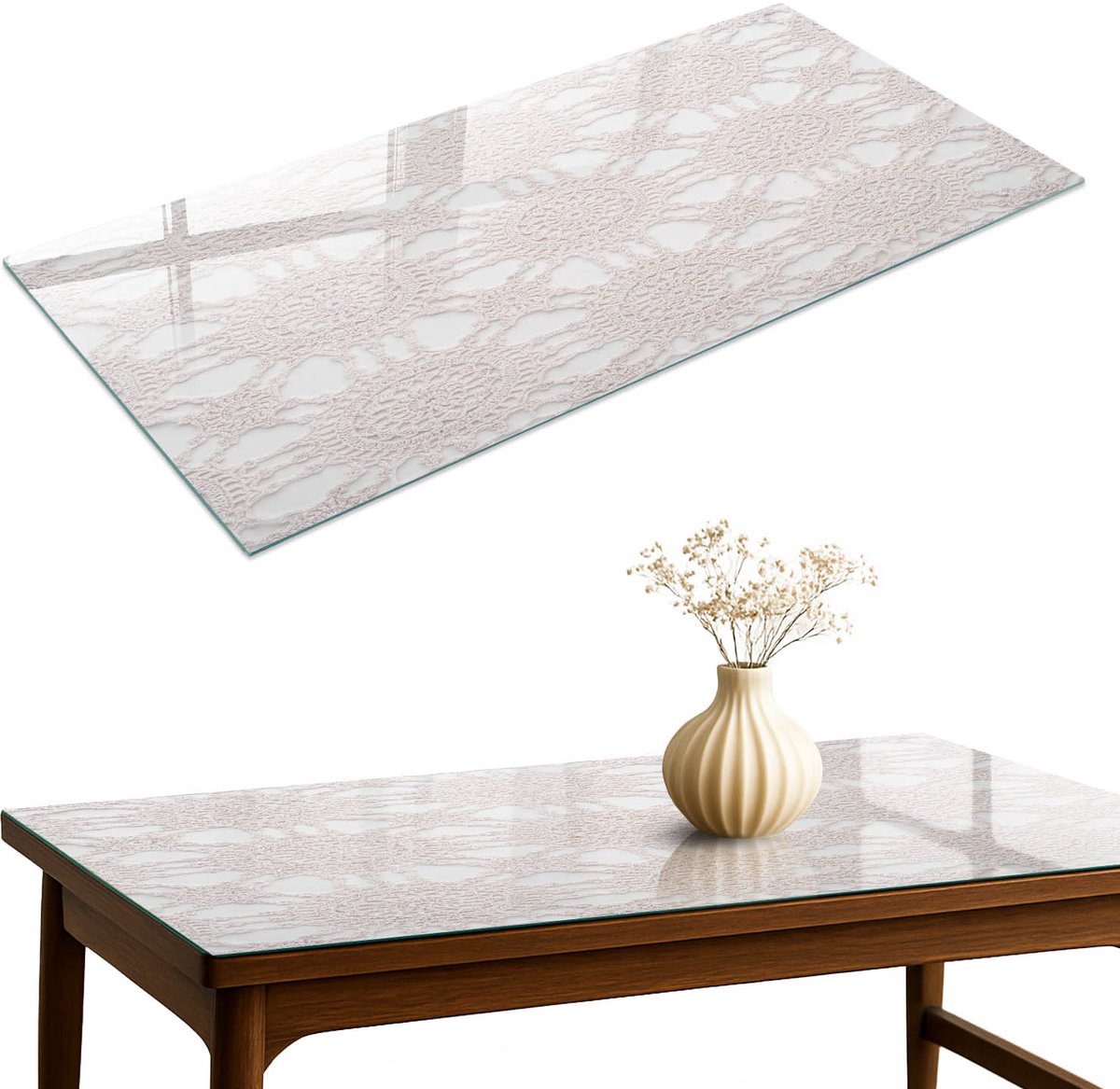 ArtPrintCave Opengewerkte elegantie Glazen Tafelblad 120x60 cm - Tafelblad Rechthoek - Wit Keukentafel - Teksten Keukentafel