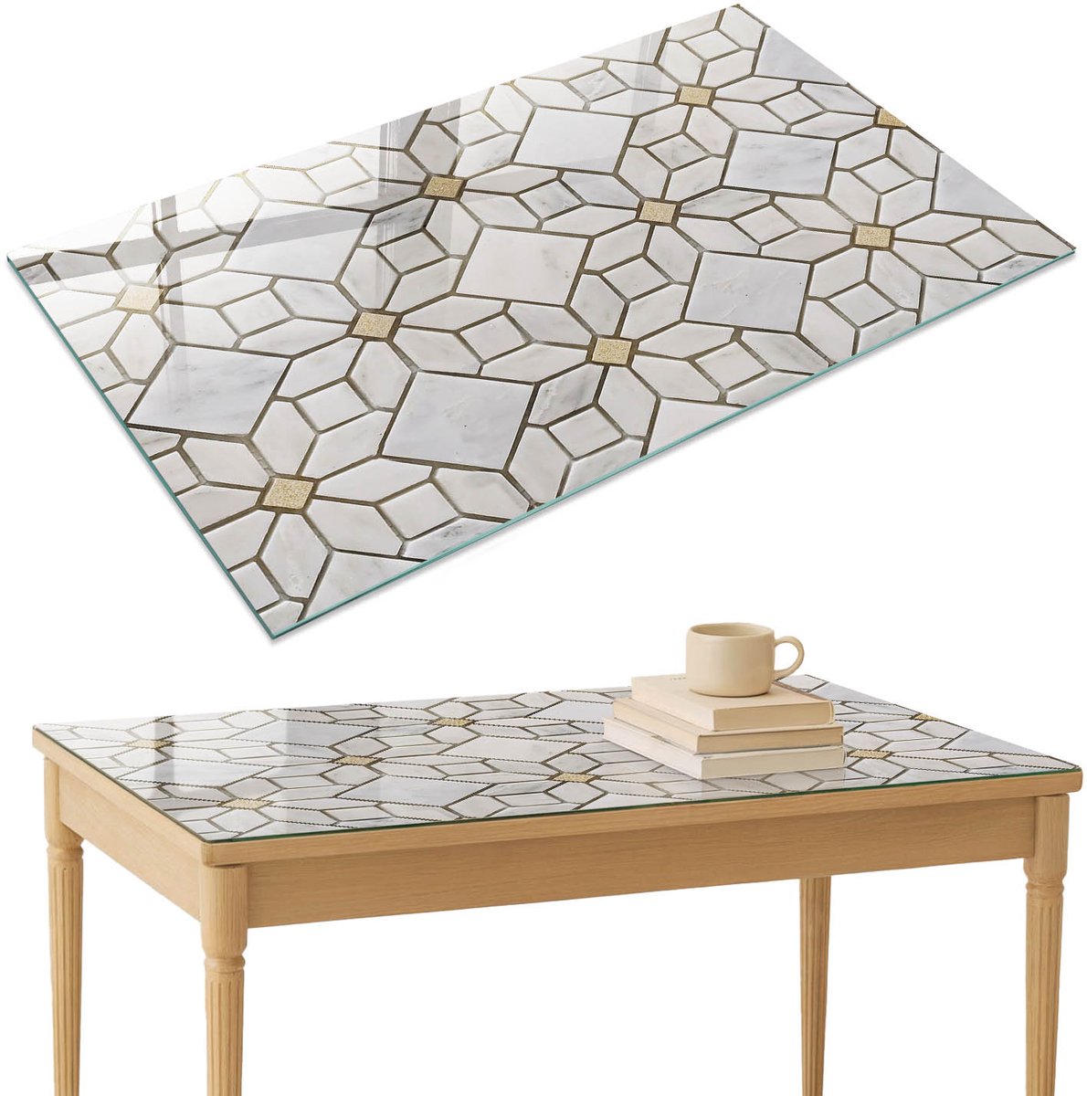 ArtPrintCave Elegant mozaïek Glazen Tafelblad 120x80 cm - Tafelblad Rechthoek - Wit Bureaublad - Geometrie Keukentafel