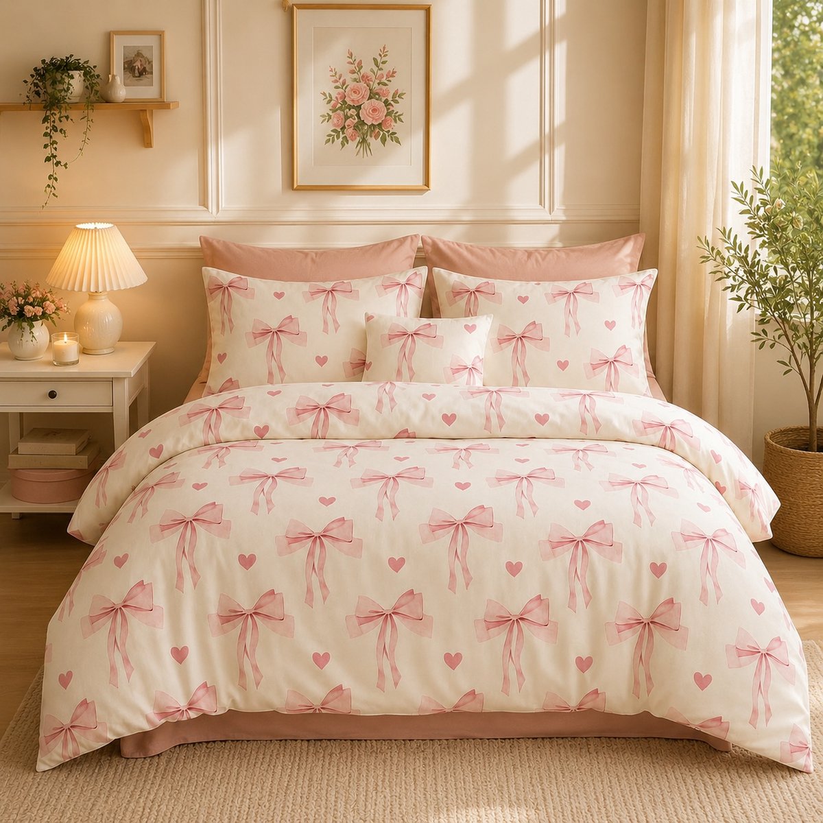 Beddengoedset 135x200 cm - Roze met strikken - Dekbedovertrek met ritssluiting en kussensloop 80x80 cm - Microvezel - Allergievriendelijk