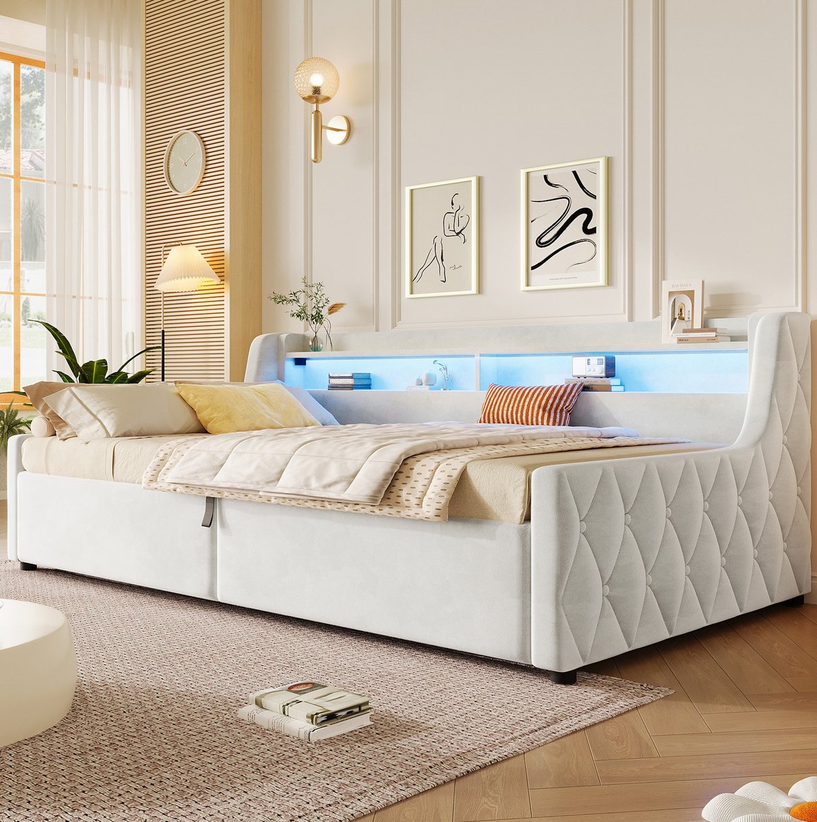 MIVRAY Bed 90x200 cm - Eenpersoonsbed met LED Hoofdbord en Opbergruimte - Zonder Matras - Voor Slaapkamer en Logeerkamer - Stof - Beige