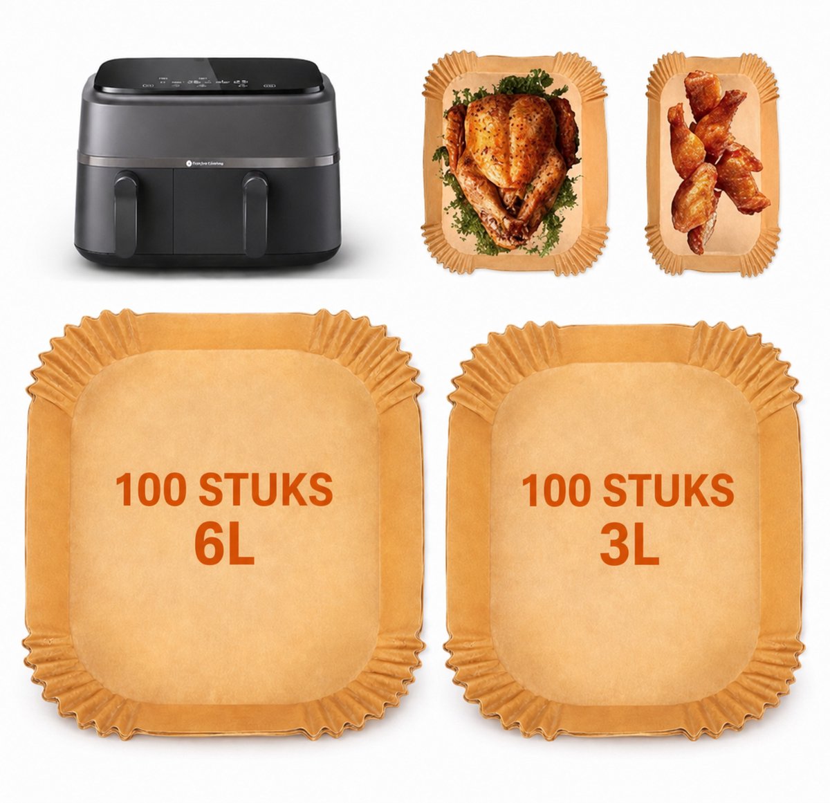 TEKROA® Airfryer Bakjes - Airfryer Accessoires - Bakpapier Airfryer - Airfryer Bakjes voor Philips Dual Airfryer - Bakpapier voor Philips Airfryer 3000/5000 Series (6L/3L) - 200 Stuks