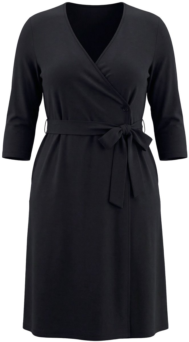 Ulla Popken - Dames - Jurk in wikkellook A-lijn V-hals 3/4-mouwen zakken - Zwart - Maat 66+
