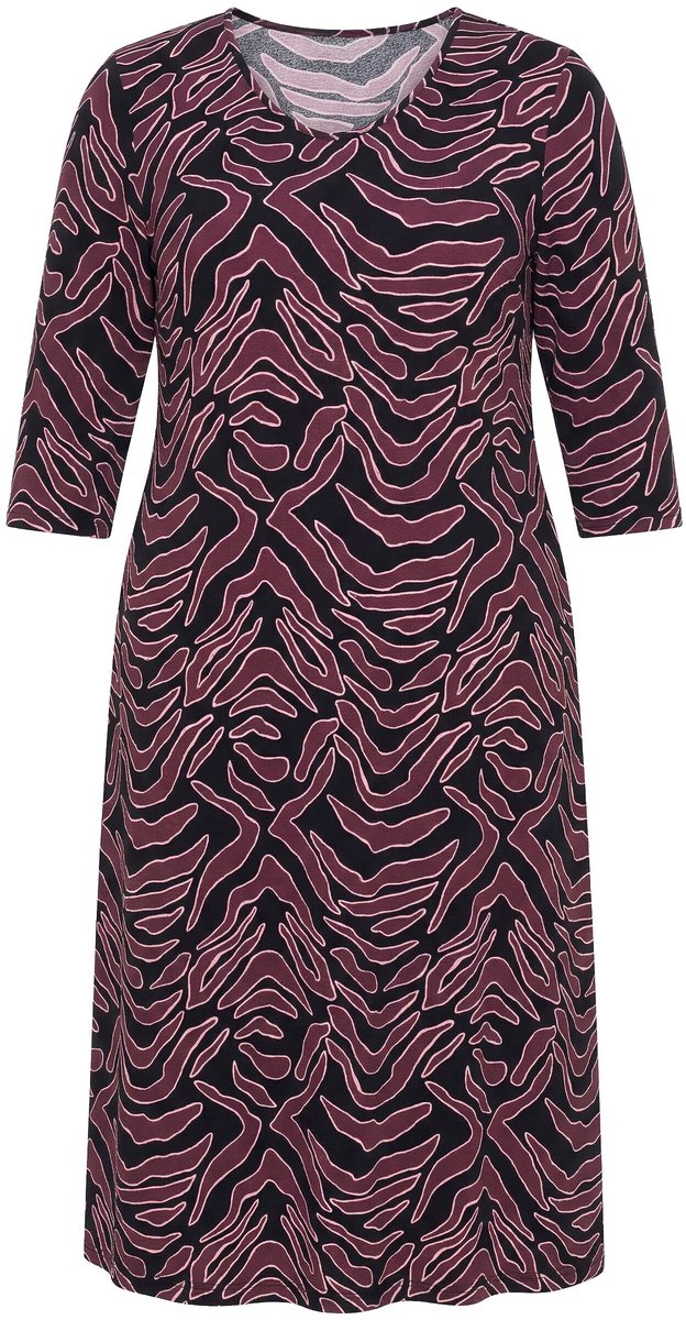 Ulla Popken - Dames - Maxi-jurk grafische print V-hals 3/4-mouwen - Nougat bruin - Maat 58+