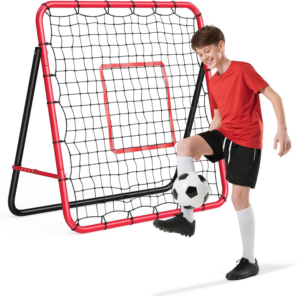 Danky Voetbalreboundnet, ijzeren frame en zeer sterk PE-net, verstelbare hoek, opvouwbaar en draagbaar, trainingsmateriaal voor schieten, passen en balcontrole, geschikt voor binnen- en buitengebruik.