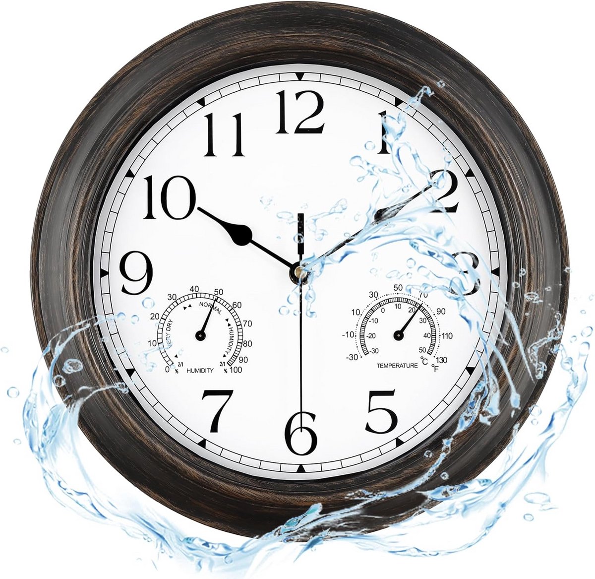 PromoHome 30,5 cm Stille Waterdichte Wandklok met Thermometer en Hygrometer - Buiten / Binnen - Bronzen Vintage Klok op Batterij - Terras, Veranda, Garage