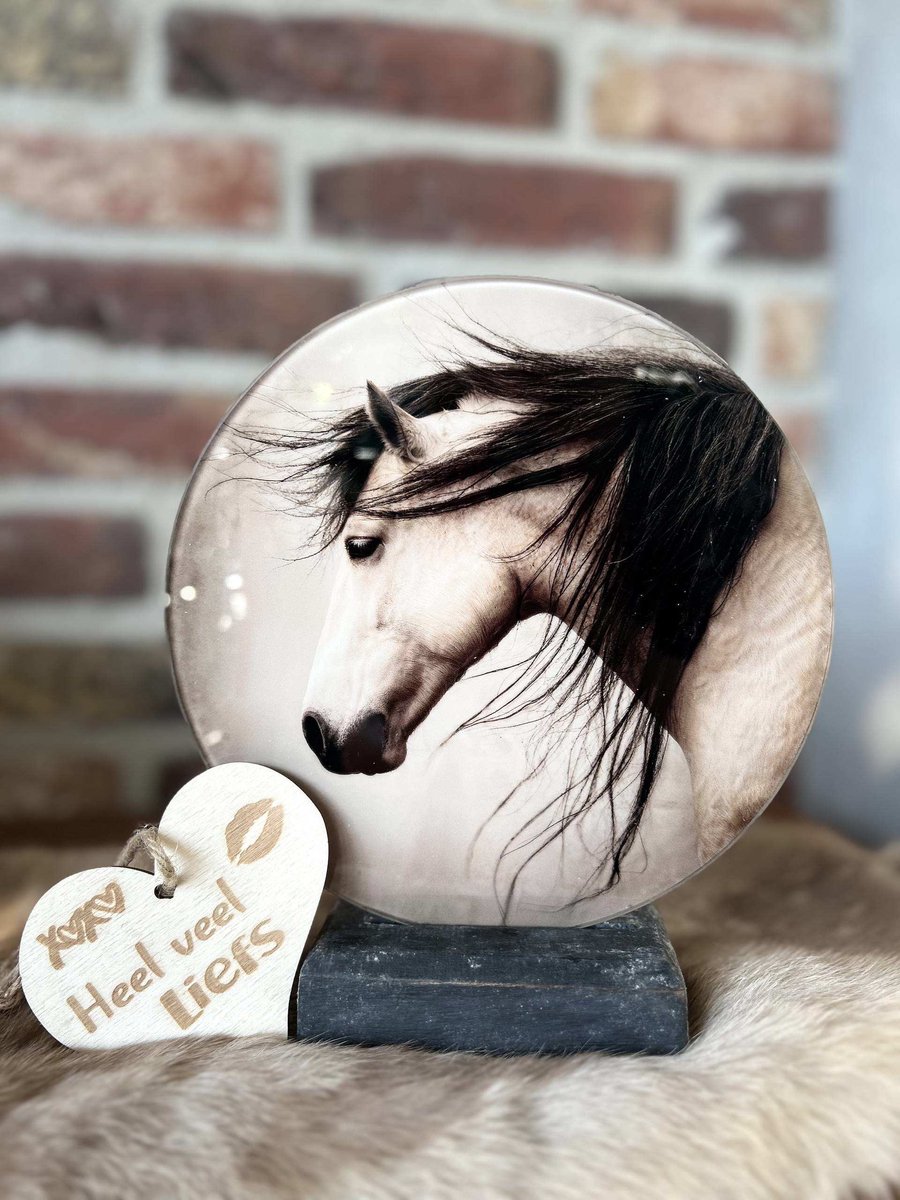 Creaties van hier – met houten hartje - Glasplaatje Paard Brocante - Glasplaatje doorsnede 18 cm - Inclusief houder
