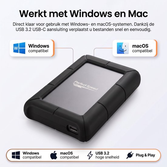 Perfect Speed Externe Harde Schijf 500GB - Externe HDD - USB 3.2 - 1600 Mbps (200 MBs) - USB-C - Schokbestendig - 5 Jaar Garantie — afbeelding 3