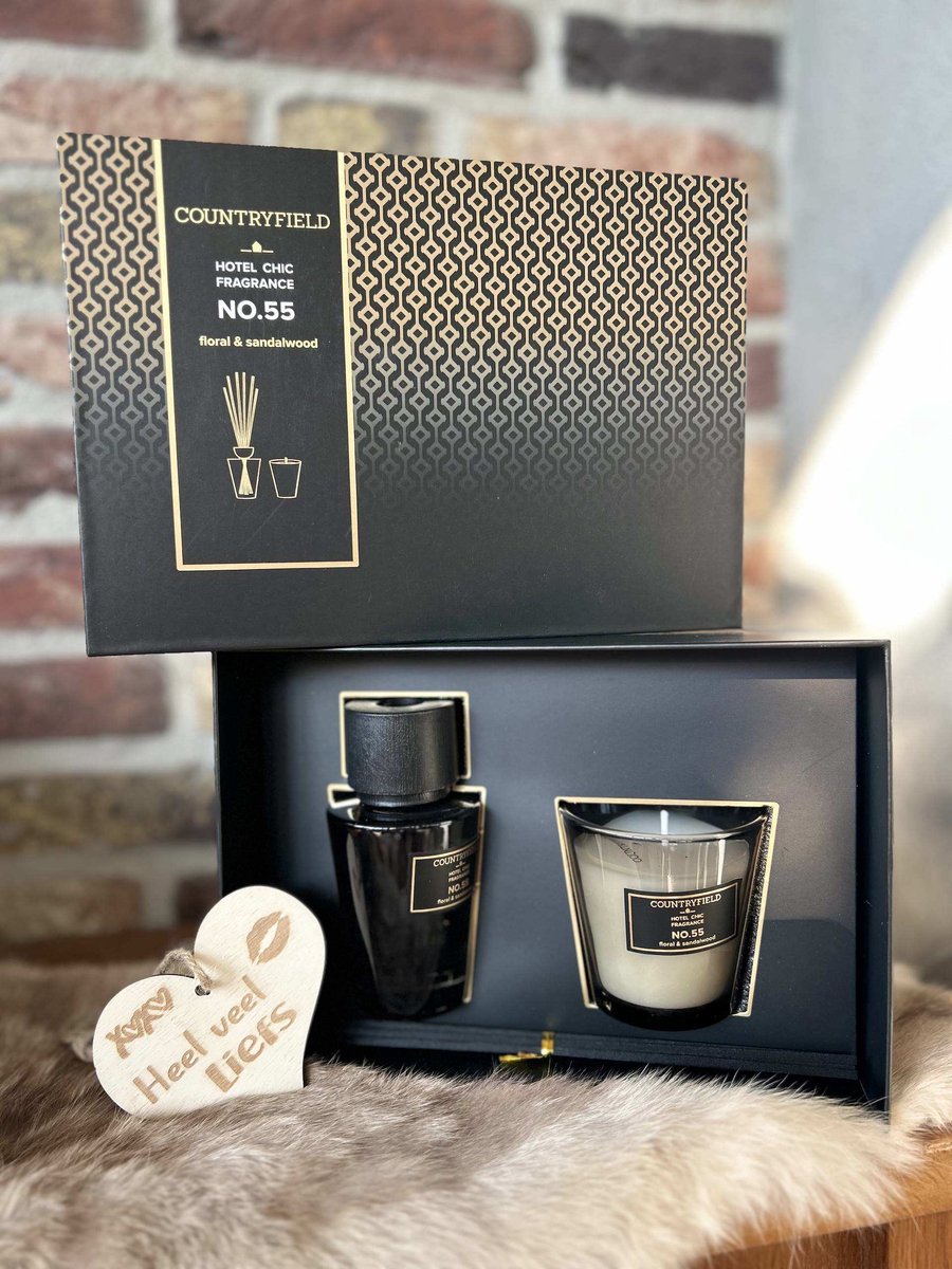 Creaties van hier – met houten hartje - Cadeauset Geurstokjes & Geurkaars VK No.55 Antraciet 100 ml – Luxe Geschenkset voor Thuis & Interieur