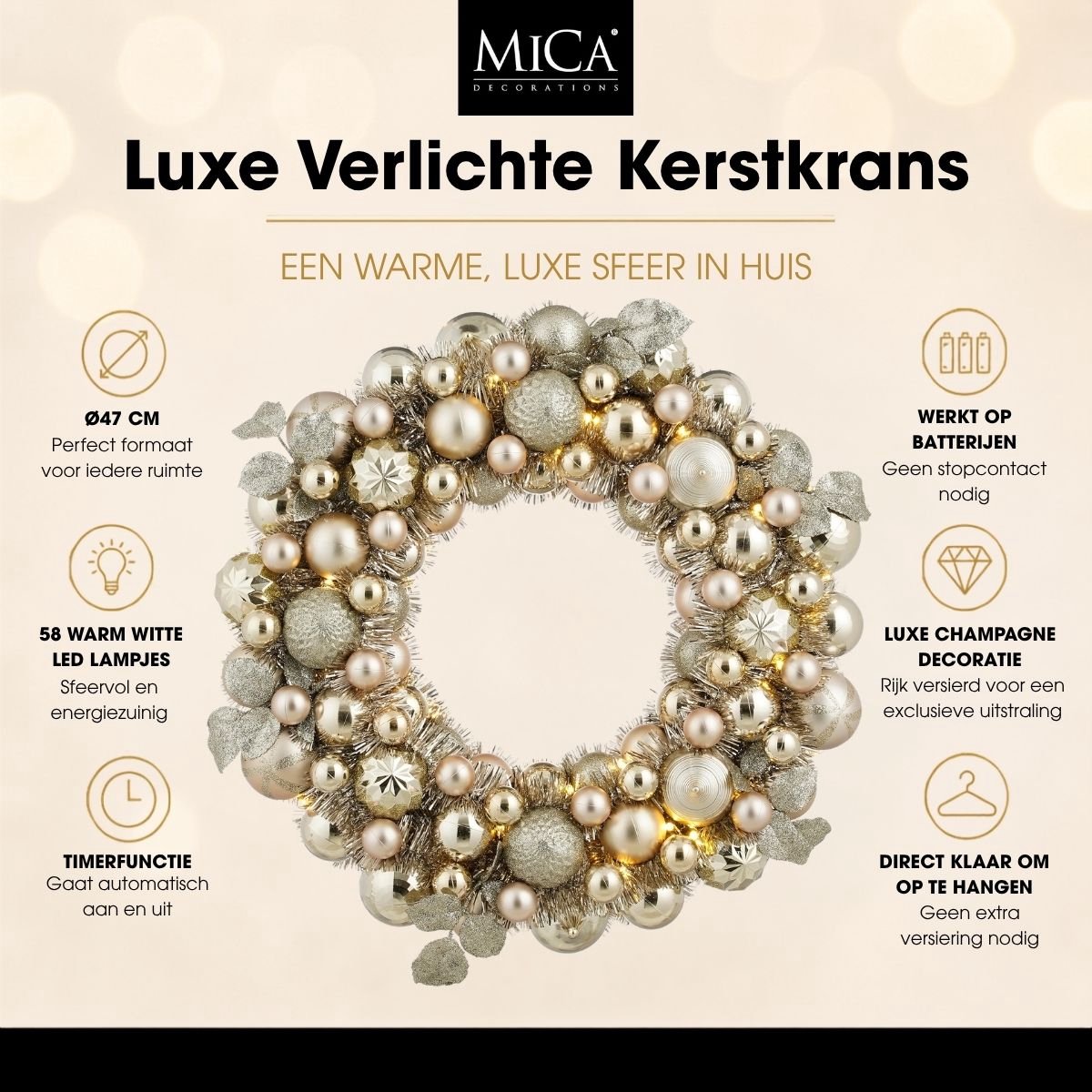 Mica Decorations Kerstkrans met Verlichting - Deurkrans H8,5 x Ø47 cm - Kerst Krans met Timer en Kerstballen - Multifunctionele Kerstversiering - Champagne – foto 2