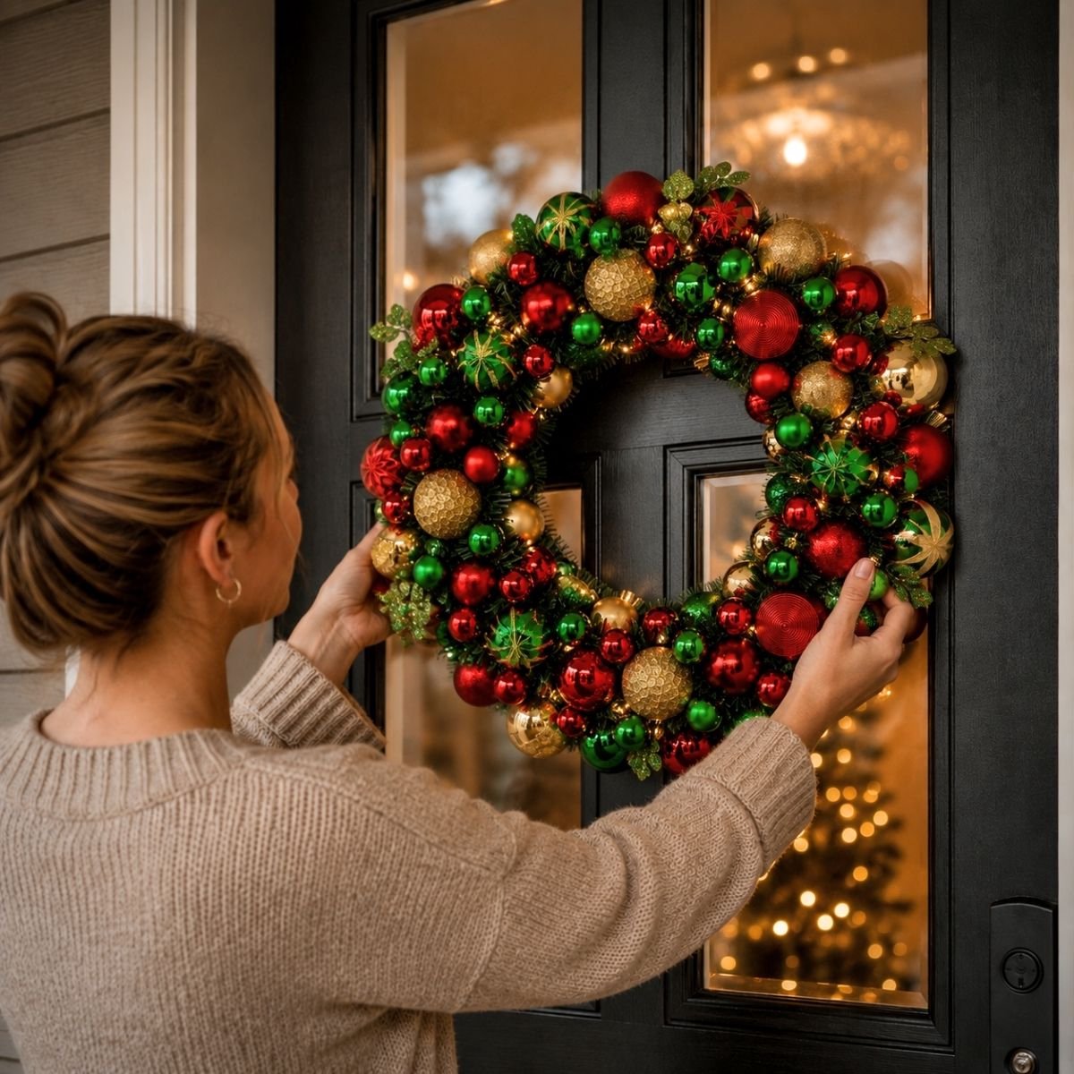 Mica Decorations Kerstkrans met Verlichting - Deurkrans H8,5 x Ø47 cm - Kerst Krans met Timer en Kerstballen - Multifunctionele Kerstversiering - Goud, Groen en Rood – foto 7