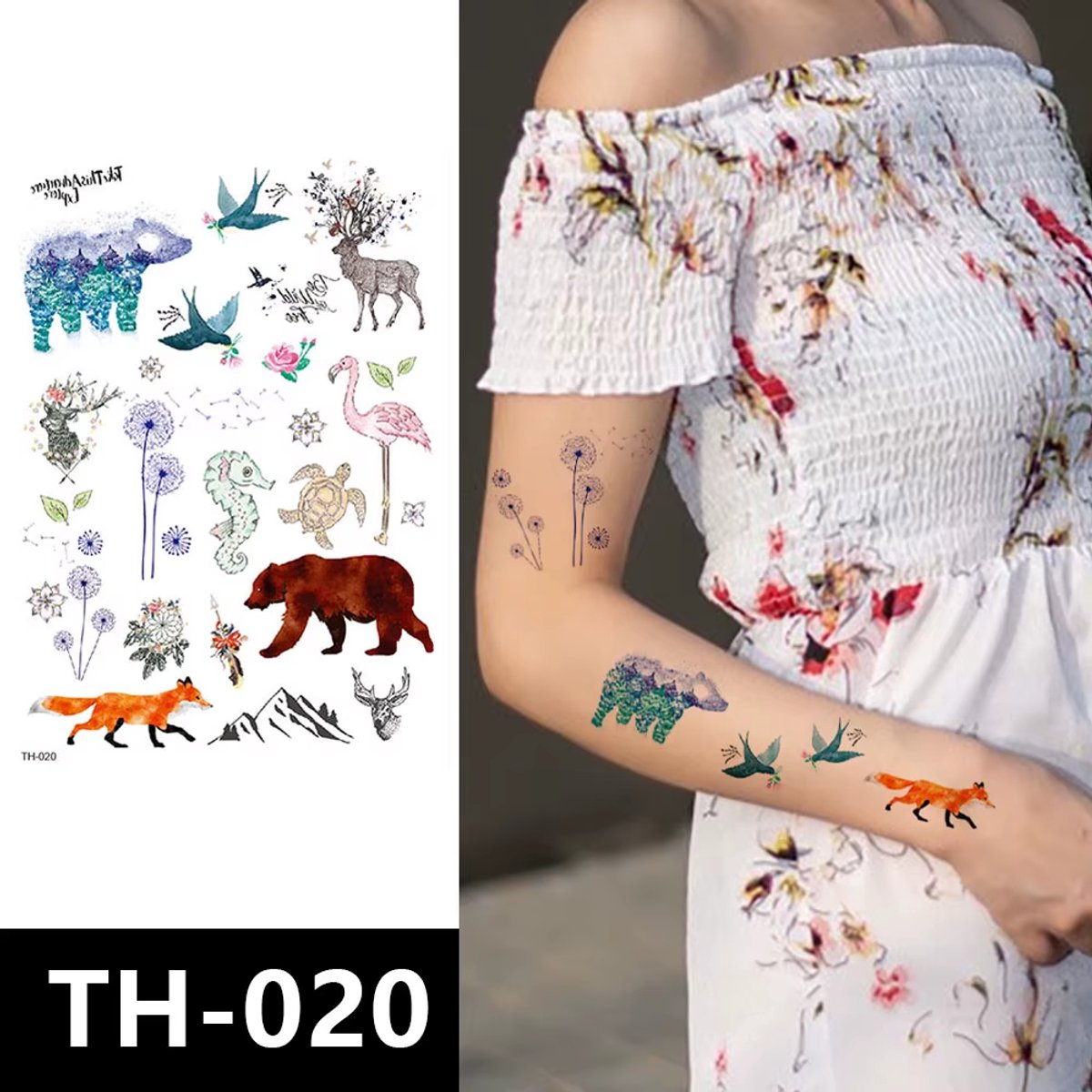 Temporary Tattoo Dieren Beer Vos Hert Vogel (A5 formaat) [Neptattoo - Tijdelijke tatoeage - Nep Fake Tattoos - Water overdraagbare festival sticker henna outfit tattoo - Glitter tattoo - Volwassenen Kinderen Jongen Meisje]