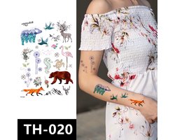 Temporary Tattoo Dieren Beer Vos Hert Vogel (A5 formaat) (Neptattoo - Tijdelijke tatoeage - Nep Fake Tattoos - Water overdraagbare festival sticker henna outfit tattoo - Glitter tattoo - Volwassenen Kinderen Jongen Meisje)