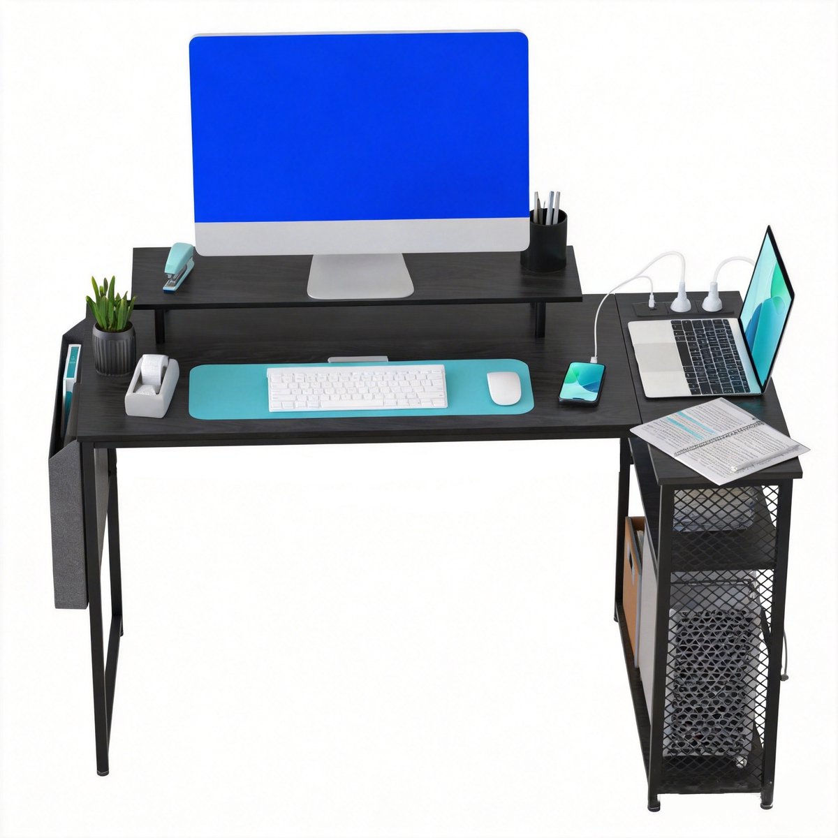 Gaming Hoekbureau 100x70cm, zwart | L-vormige Gamingtafel met Plank, 2 USB en 2 Stopcontacten, Monitorstandaard, voor Thuiskantoor en Gamers