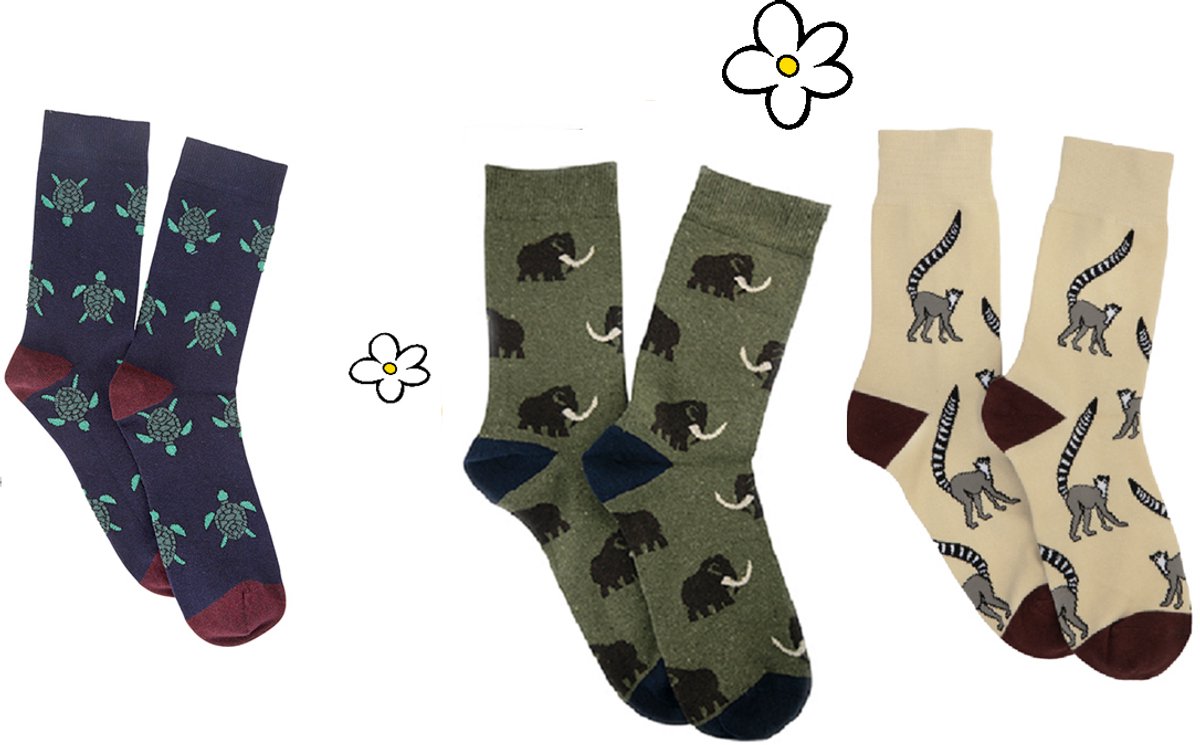 Nature Planet - set van 3 paar sokken voor volwassenen - mammoet - ringstaartmaki - schildpad (100% Oeko-tex gecertificeerd) maat 39-42