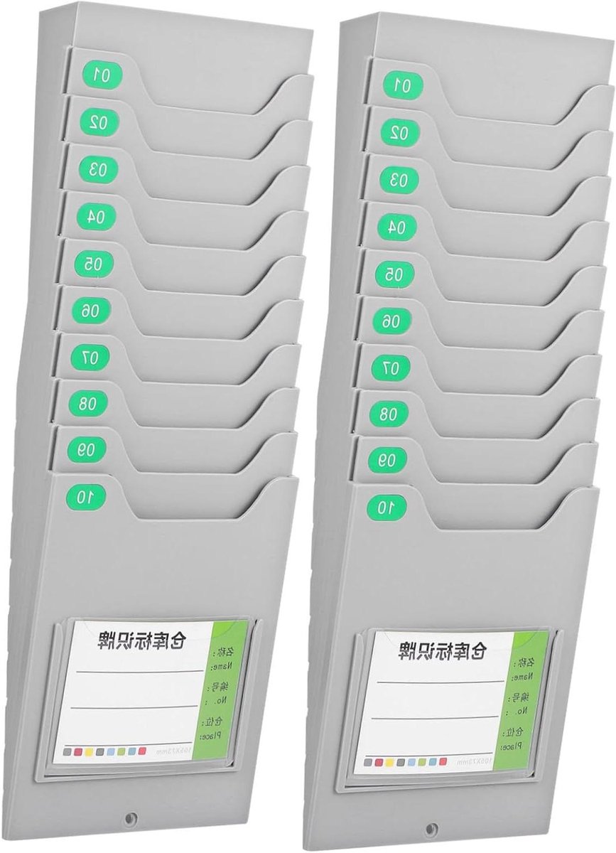 Muurbevestigde Timecardhouder - Kaartendisplay Organizer - Werknemer Aanwezigheid Registreren - Stevige Kunststof Constructie - 2 Stuks - Grijs