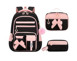 3-delige schooltasset voor meisjes van de 3e t/m 7e klas, schooltas, reistas, 24 liter | Leuke schooltas, lunchtas, etui, strik, anti-diefstal, Donkerroze