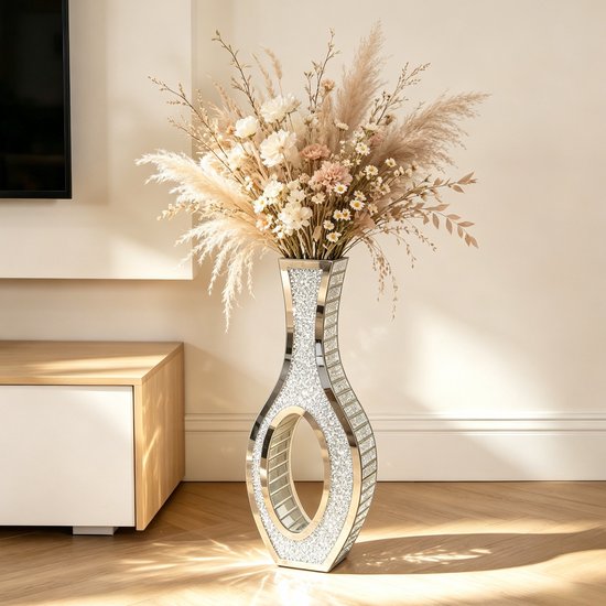 Artloge Crushed Diamond Vloervaas – 76,5 cm Hoge Spiegelvaas met Zilveren Diamanten – Luxe Staande Vaas voor Pampasgras, Droogbloemen – Design Woonaccessoire voor Woonkamer, Hal, Slaapkamer