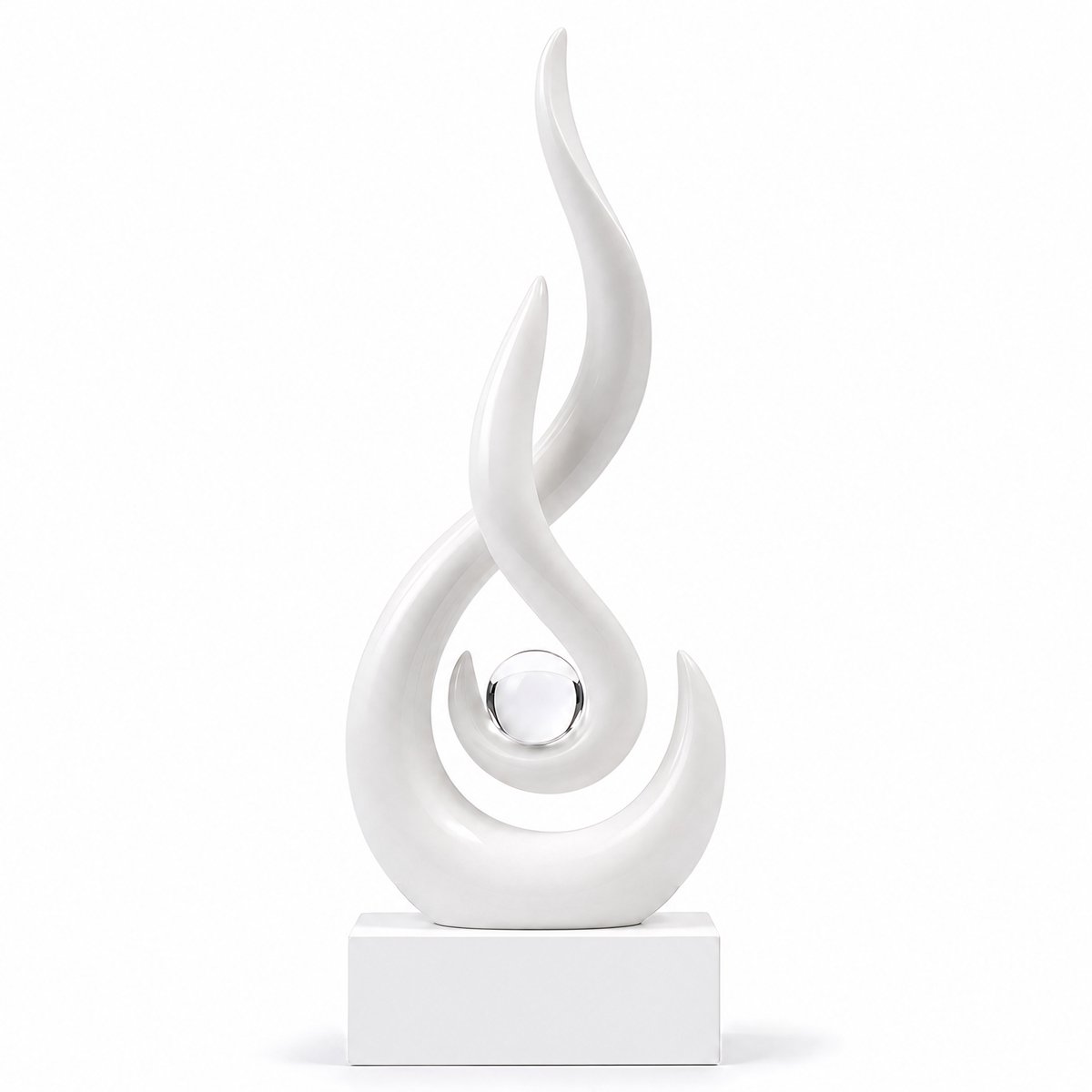 Abstracte sculptuur met glanzende bol - Wit harsbeeld - 29 x 10,5 x 4,5 cm - Decoratie voor wijnkast, woonkamer, dressoir, hal, kantoor en cadeau