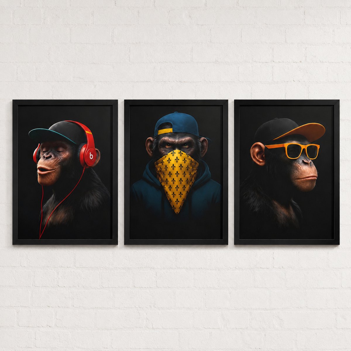 Poster Horen Zien en Zwijgen - Posters – Apen Streetwear – 3-delige Posterset – 30 × 40 cm – Wanddecoratie - Kleurmedia