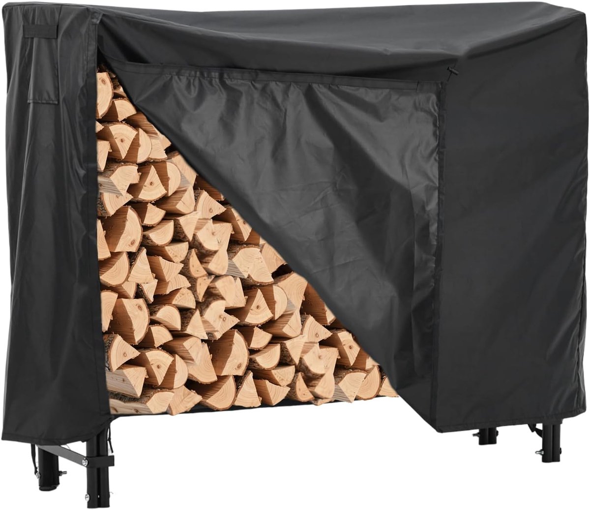 Haardhoutrek met Hoes 122 cm (4FT) - Houtopslag Buiten & Binnen - Heavy Duty Metalen Haardhouthouder met Waterdichte 600D Oxford Hoes - Geventileerd Houtrek - Zwart