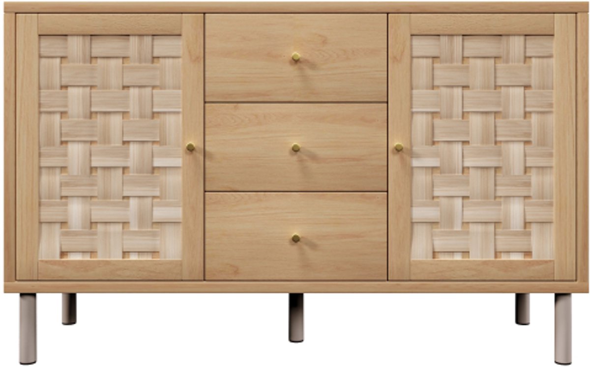 COLAMY Dressoir - Opbergkast - 3 Laden - 2 Deuren - Eikenlook - Verstelbare Planken - Metalen Poten - Landelijke Stijl