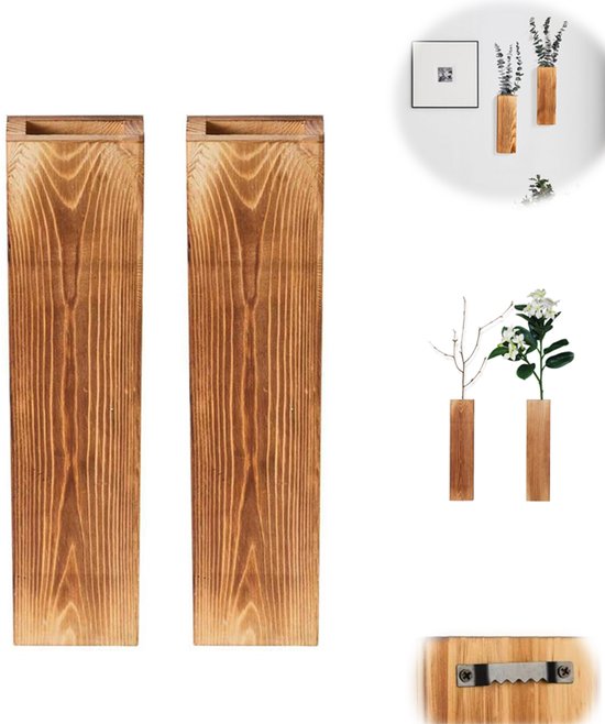 2 stuks - Wandvaas - Wandvaas hout - Muurvaas - 30 cm - Muur bloemhouder - voor droogbloemen en eucalyptus - wanddecoratie voor woonkamer, hal en slaapkamer