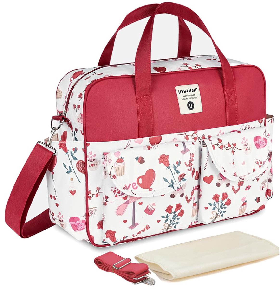 SnelShoppen - Grote capaciteit multifunctionele luiertas voor baby's, waterdicht, schoudertas, zwangerschapstas, reis-luiertas met aankleedkussen, Roo