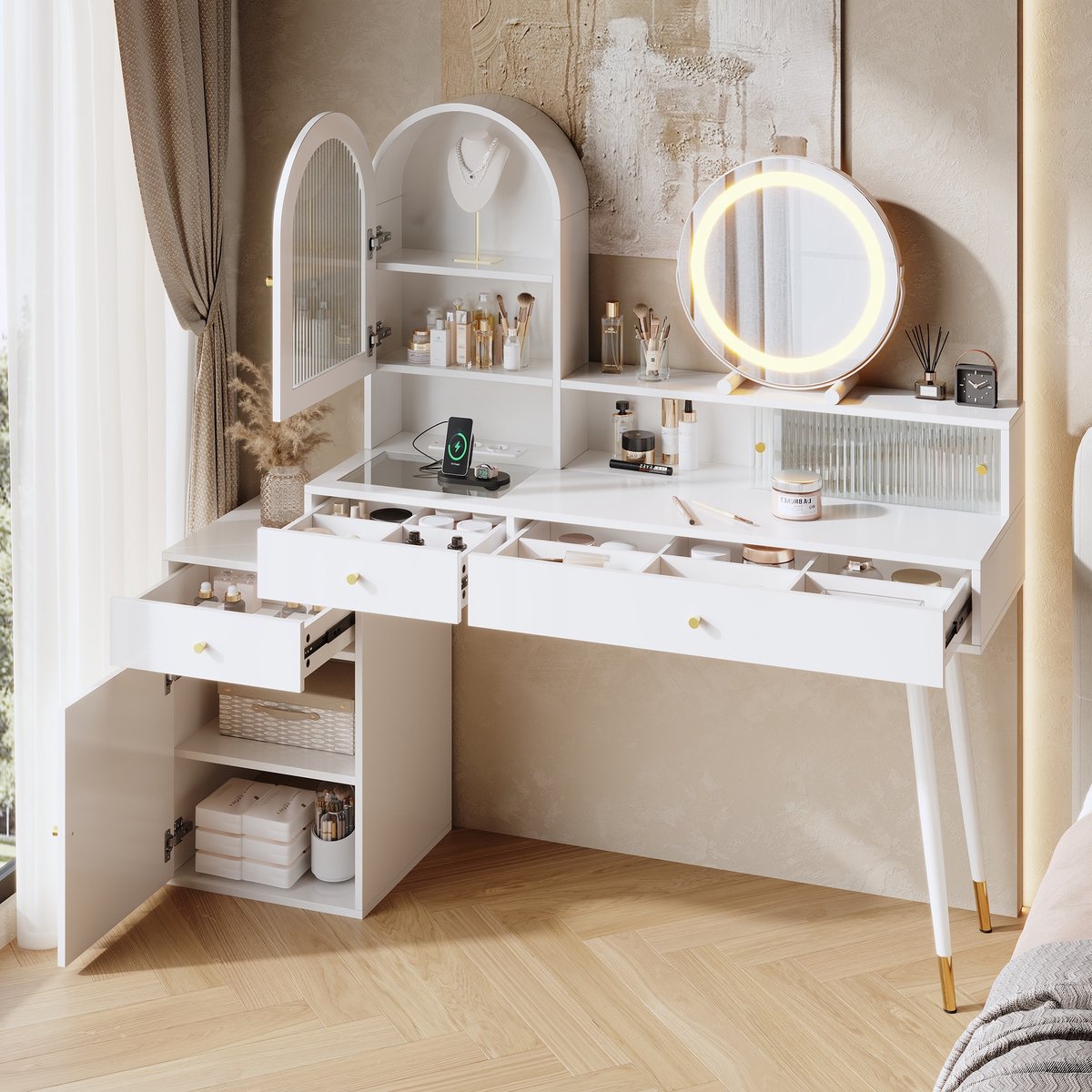 Sweiko Kaptafel - Met LED-spiegel - Stopcontact - 3 lades - Glazen blad - 140 × 40 × 140 cm - Wit