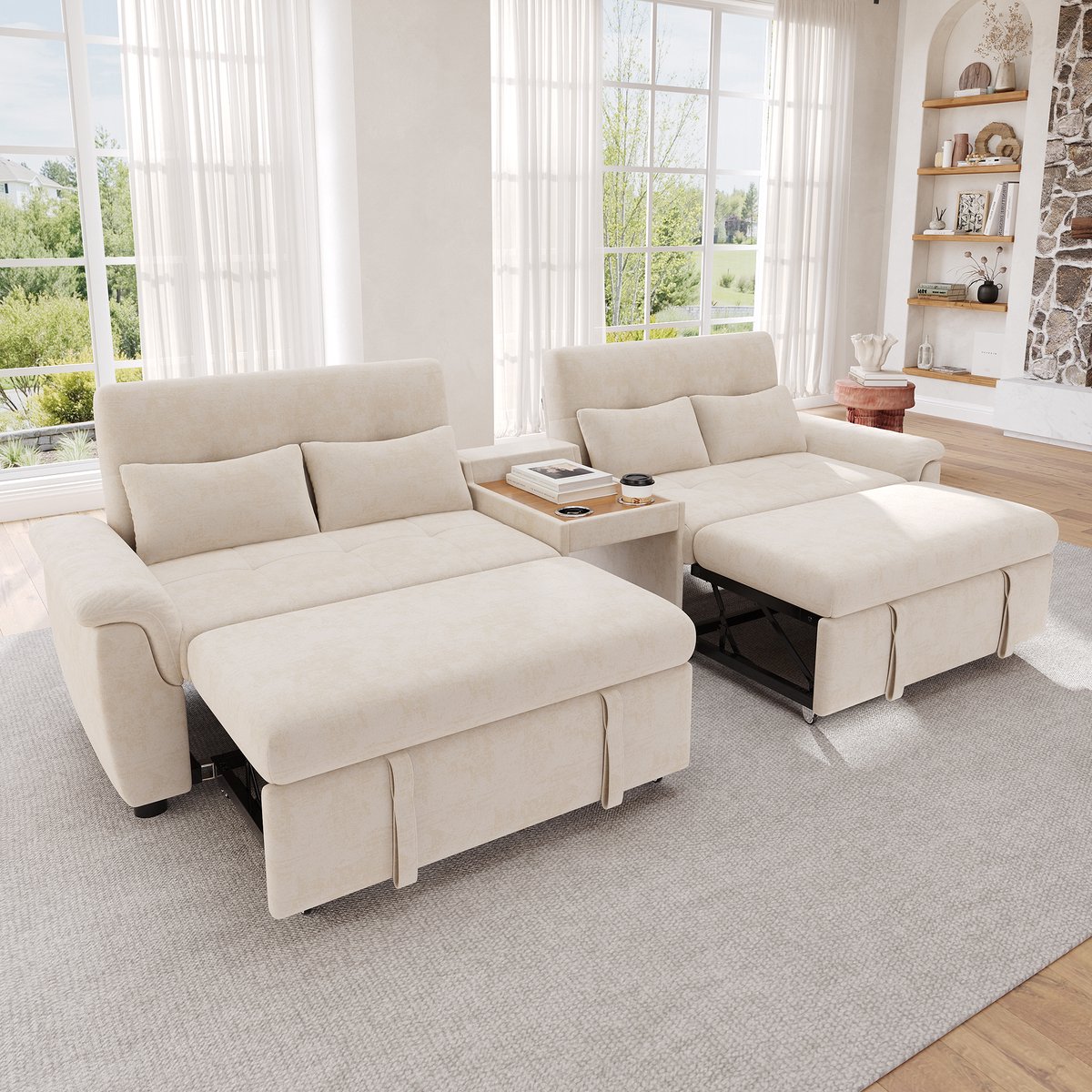 2-Zits bank, U-Vormige Slaapbank, Uitschuifbaar, Tweepersoons Slaapgedeelte, Verstelbare Rugleuning, Huisdiergedeelte, Salontafel Met 2 Bekerhouders, 4 Kussens, Chenille, Donkergrijs, 284×138×89 cm -Beige