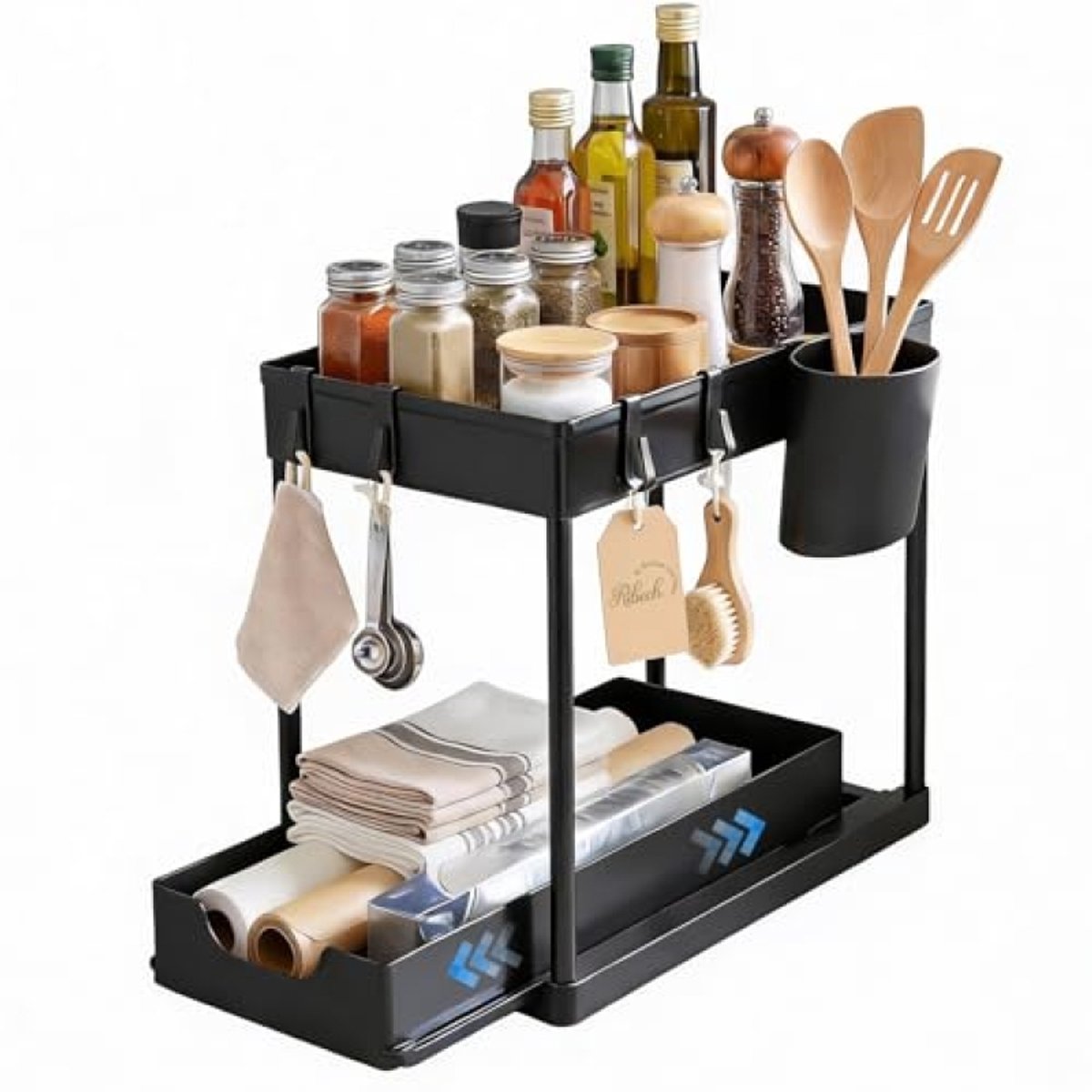 Huis Geluk Onderkast-organizer 2-traps Kunststof Uittrekbare Opbergladen met Haken 37,5x20,5x33 cm Zwart Rechthoekig voor Keukenkast en Badkamer