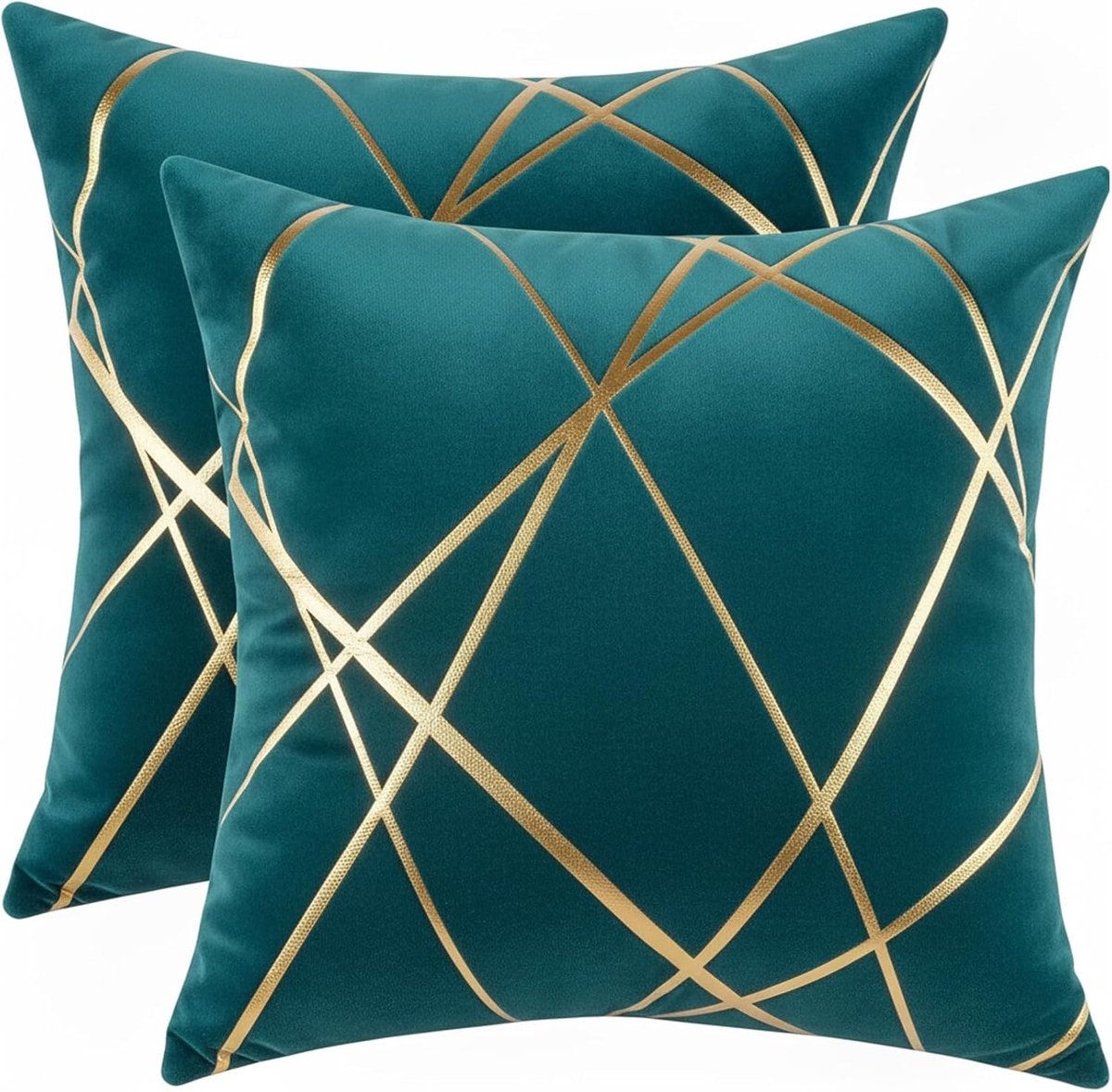 SnelShoppen - Luxe Velvet Kussenhoezen met Gouden Streep 45x45cm - Decoratieve Kussenhoezen voor Bank, Woonkamer en Slaapkamer - Set van 2 - Teal Kleu