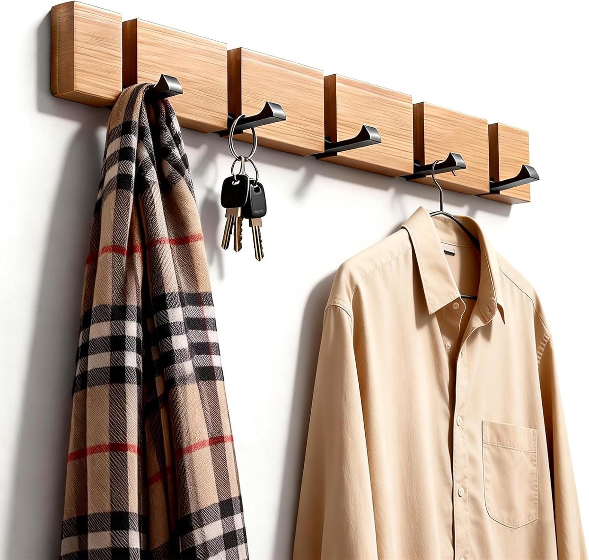 SnelShoppen - Flip 5-Haak Wandgemonteerde Kapstok, Houten Moderne Vouwbare Haak Voor Hoeden, Slank, Sterk Houten Hal Wandhaken Voor Handdoeken, Kledin