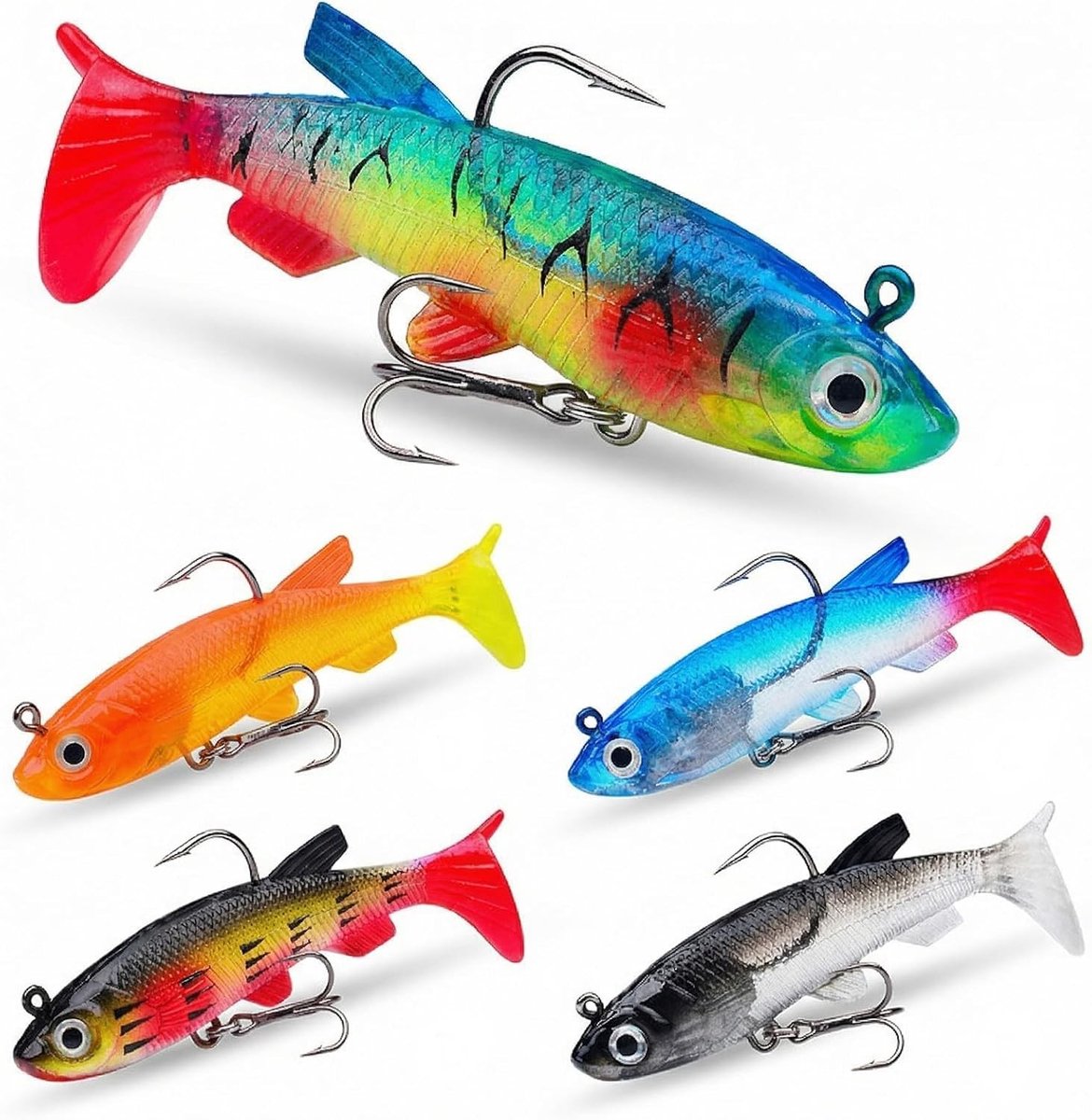 Kunstvliegen Set - Multicolor - 7,5 cm - Siliconen Kunstvissen met Jigkop en Driepuntshaak - Voor Zoet- en Zoutwatervissen