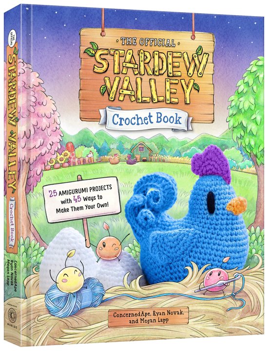 De officiële Stardew Valley Crochet Book met 25 amigurumi projecten, afgebeeld met een blauwe gehaakte vogel en twee gele bijen.