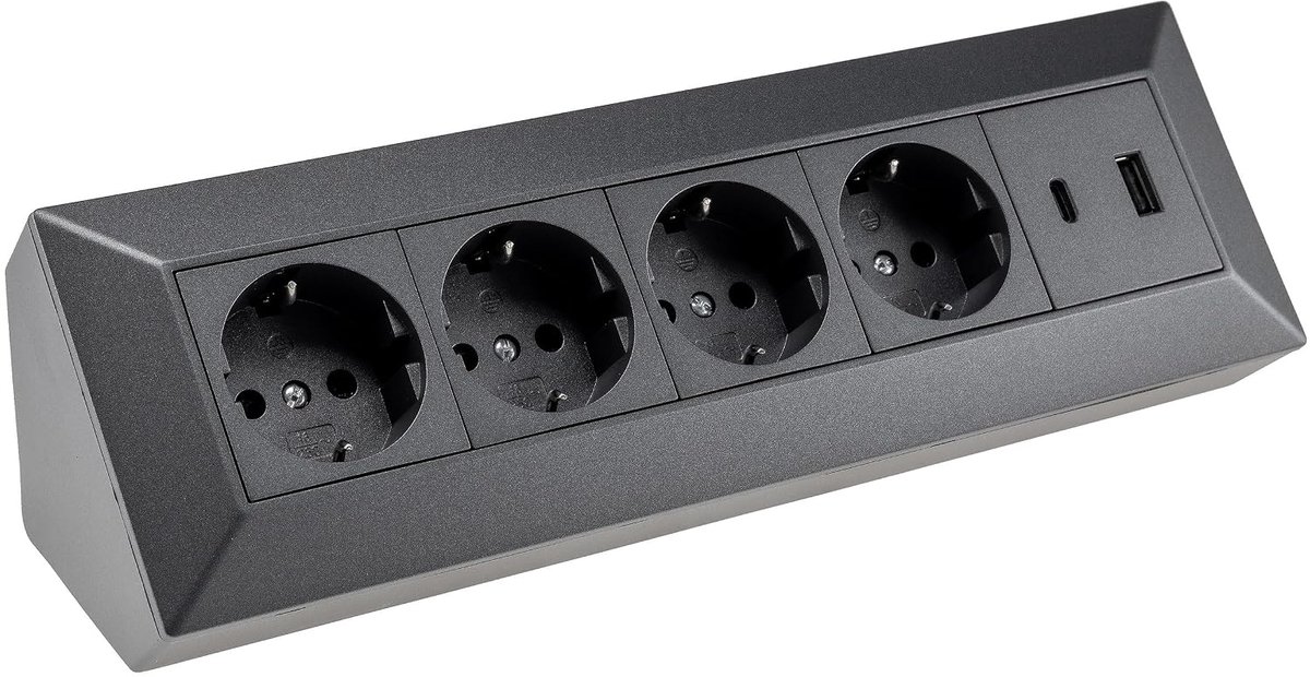 hoekstopcontact 4-voudige stekkerdoos met USB-A USB-C PD voor kantoor, keuken, werkplaats, onderbouwmontage, antraciet