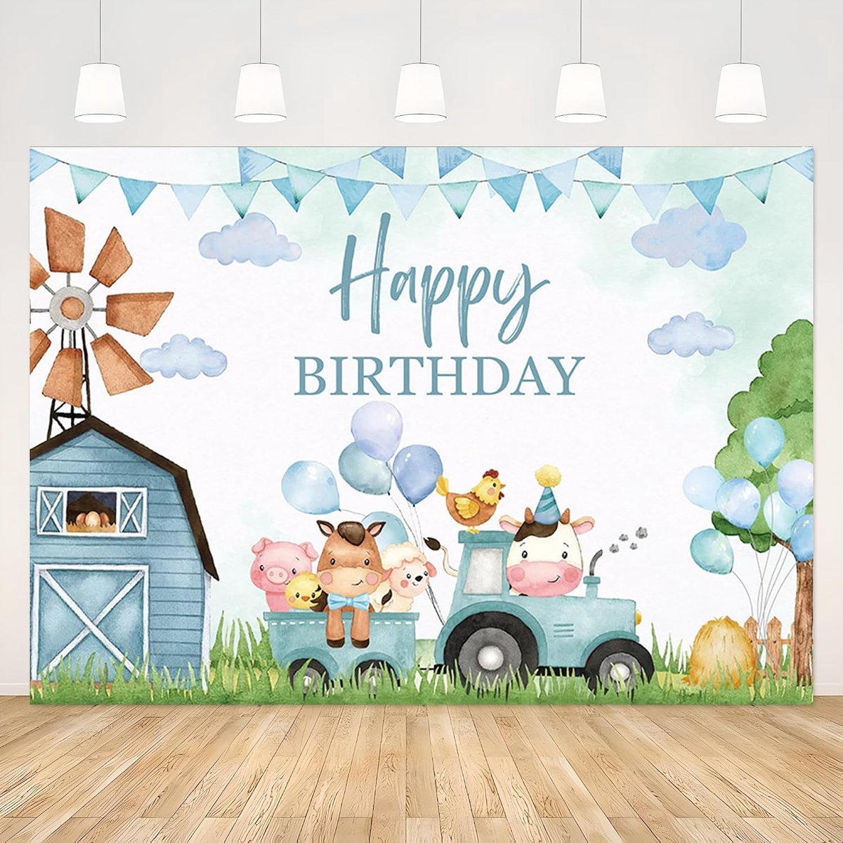 Verjaardag Banner Achtergrond - Blauwe Dieren - Gelukkige Verjaardag - Foto Achtergrond - Cartoon - Grappige Koe - Varken - Foto Wand Achtergrond 210x150cm