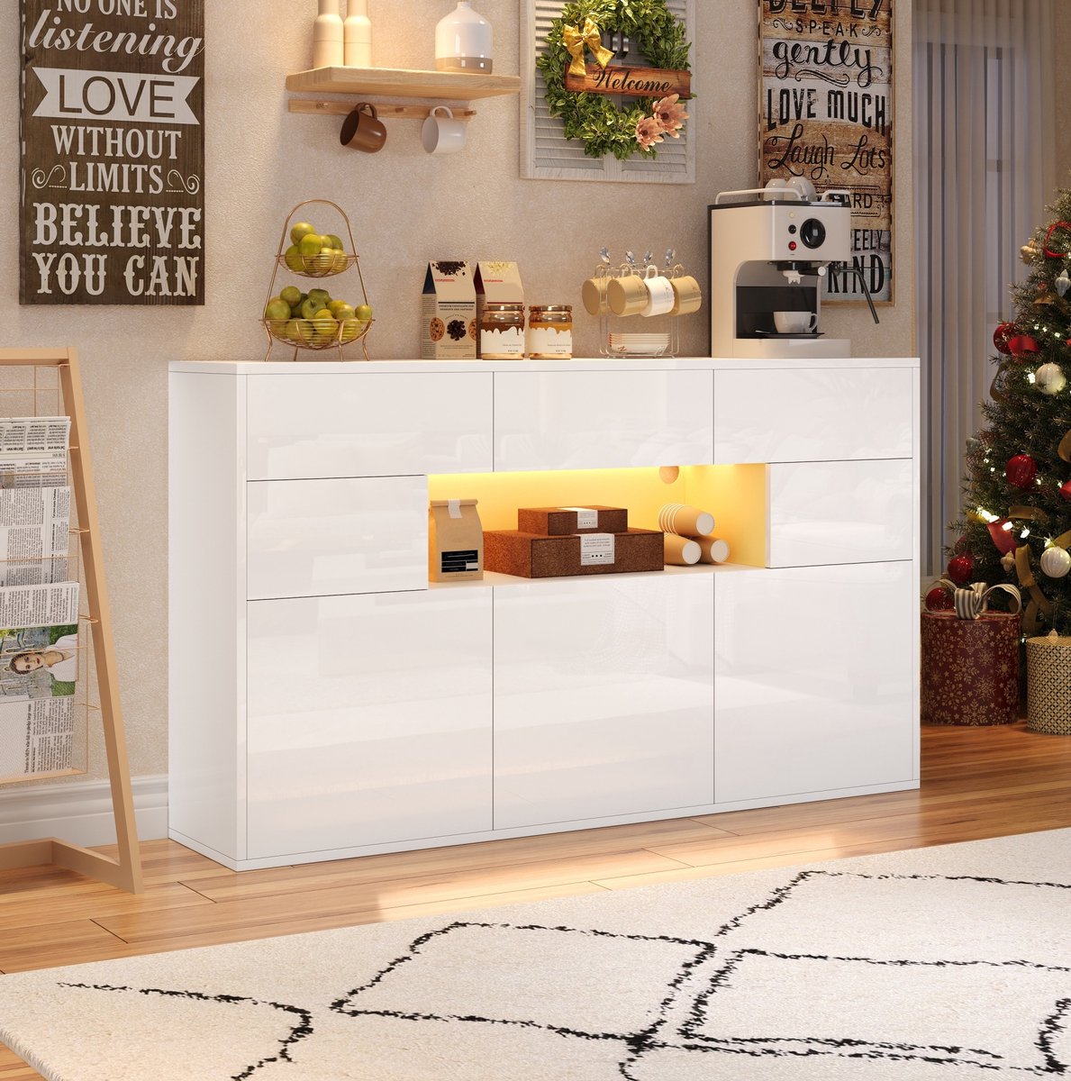 MIVRAY Dressoir Witte Hoogglans Met Led Verlichting En 3 Laden En 5 Vakken Voor Woonkamer Hout 140 X 30 X 82 Cm
